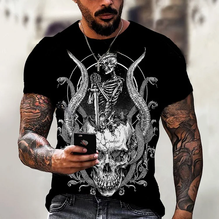 Vintage Horror Skull 3D Print Casual Short Sleeve Men's Black T-shirts at Hiphopee