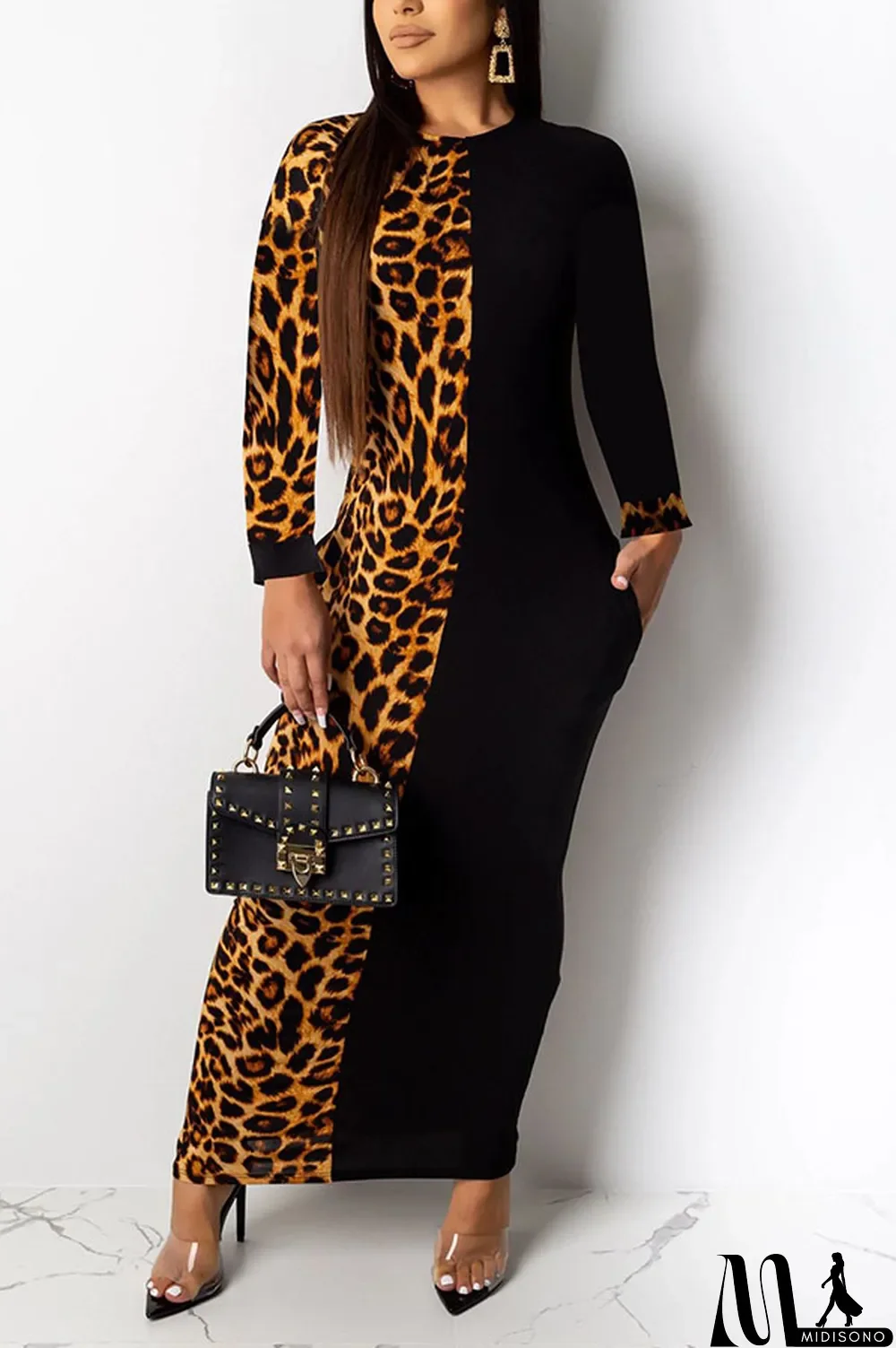 MidiSono - Brown Polyester Sexy Sleeve Long Sleeves Step Skirt Ankle-Length Print Dresses