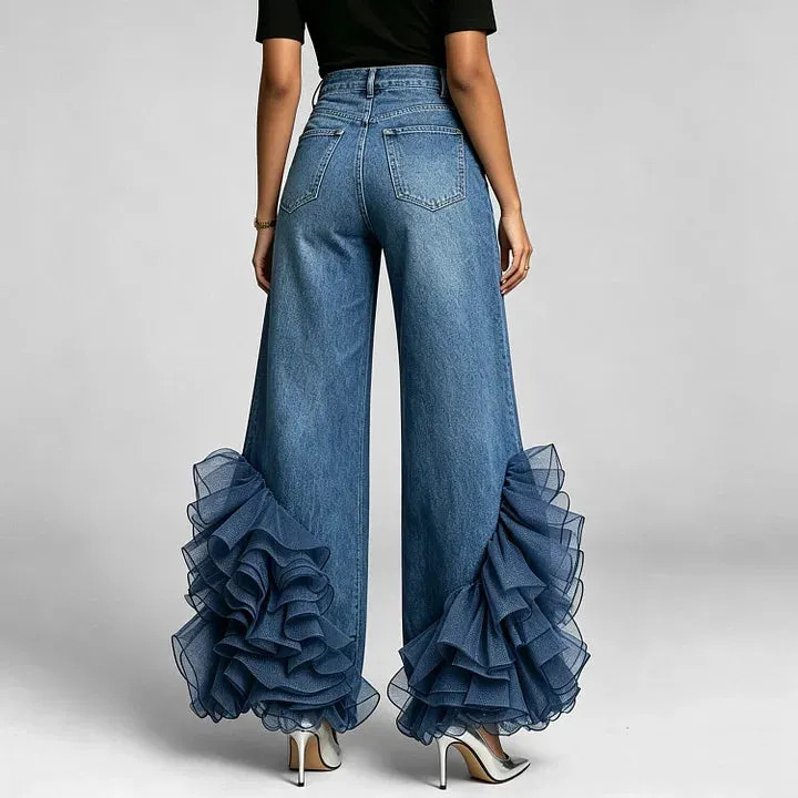 Women's Wide-leg Denim Jeans With Mesh Ruffles Ã¢ÂÂ A Highly Stylish Design