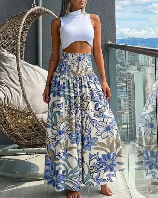 Vintage Floral Print High Waist Shirred Elastic Waist Wide Leg Pants-0119