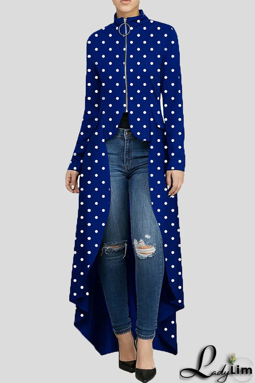 Blue Fashion Casual Dot Print Asymmetrical Outerwear