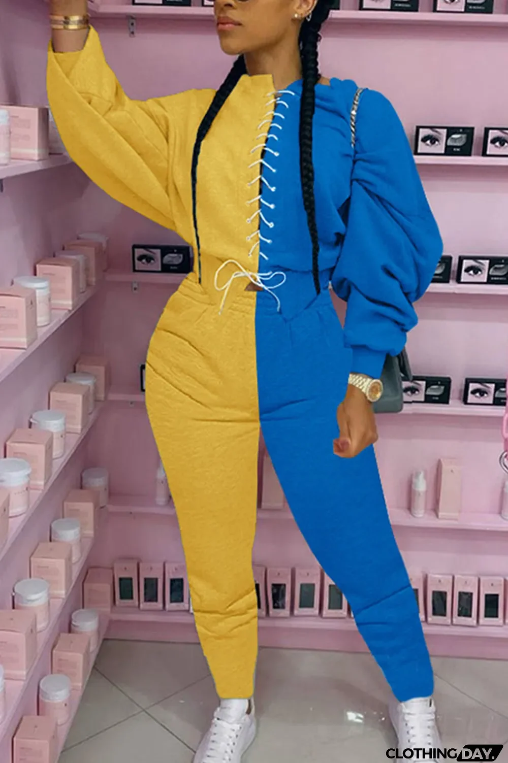 Grey Casual British Style Polyester Fiber Patchwork Solid Bandage Split Joint Pants Strap Design O Neck Long Sleeve Regular Sleeve Regular Two Pieces