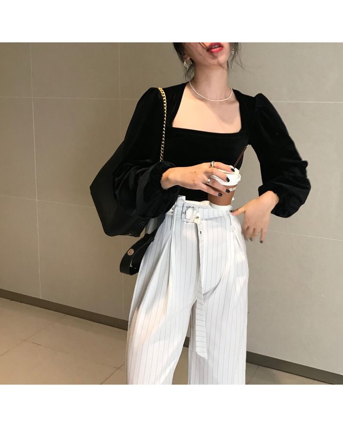 VINTAGE SQUARE NECK PUFF SLEEVE VELVET TOP