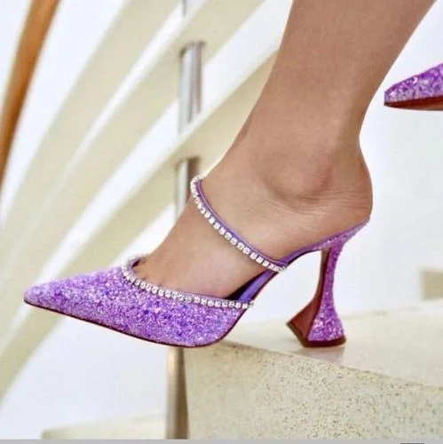 European and American Popular 2020 Summer New Dazzling Pink Crystal Sequined Spool Heels Pointed High Heels Women Slippers