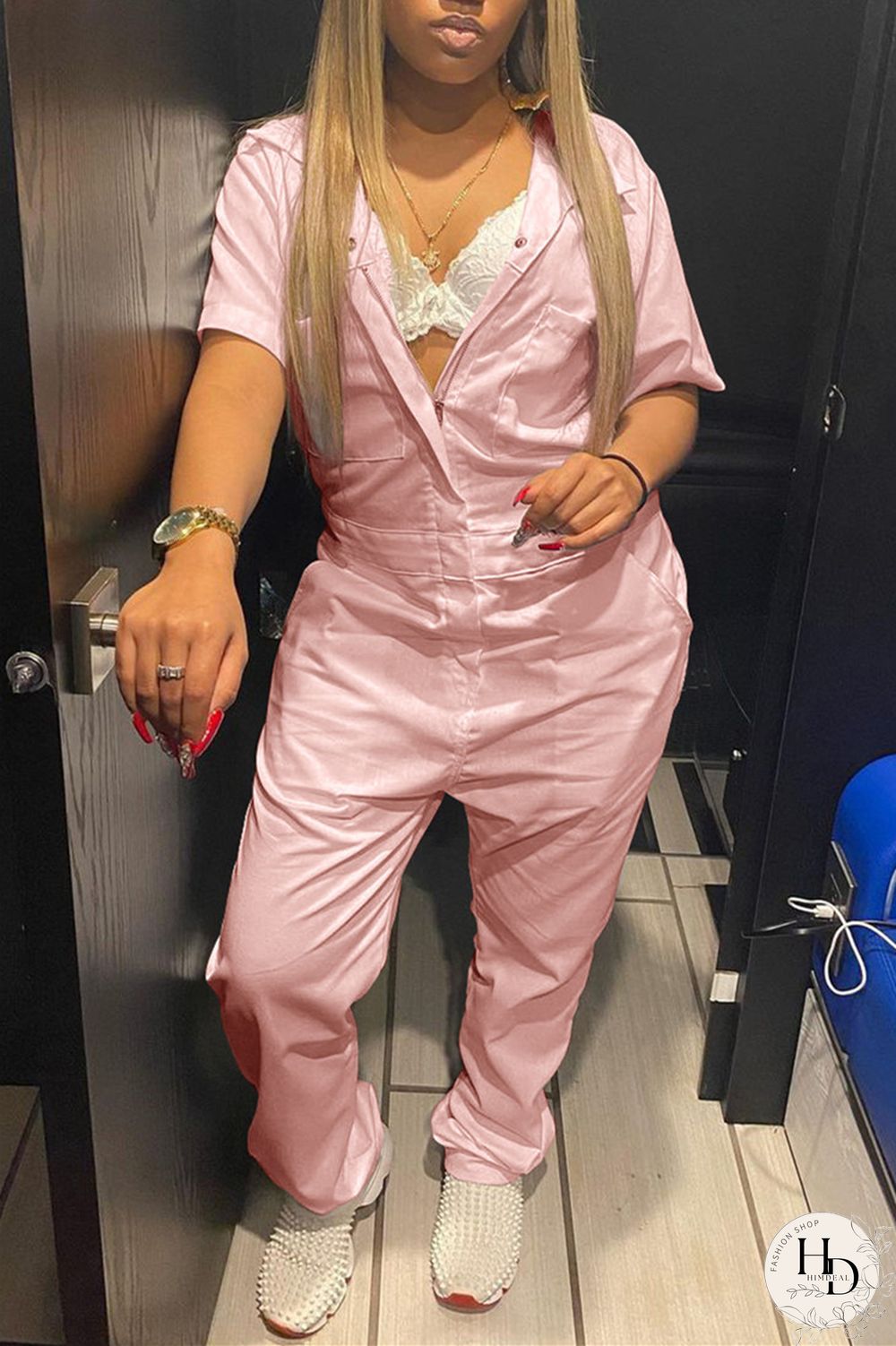 Grey Fashion Casual Solid Basic Turndown Collar Regular Jumpsuits