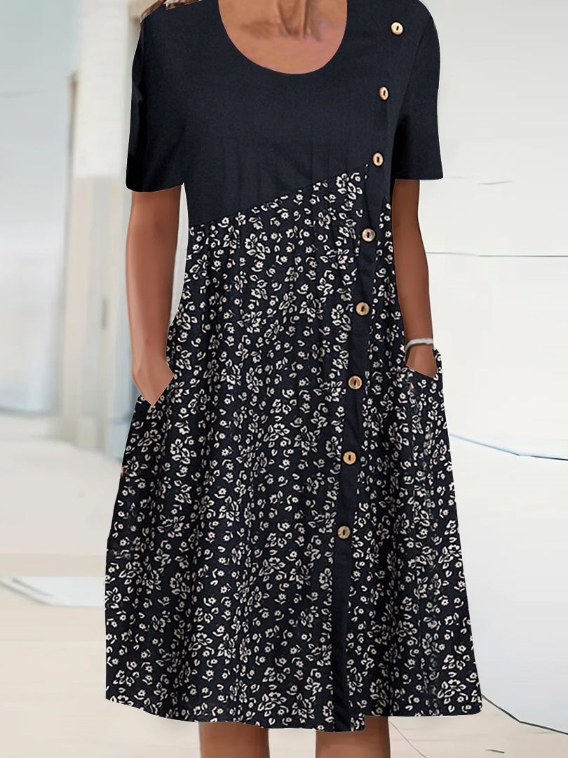 Women Short Sleeve U-neck Floral Printed Stitching Button Dress