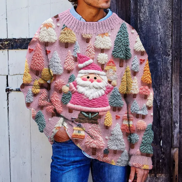 Christmas Santa Claus Wearing Pink Christmas Tree Knit Pullover Sweater