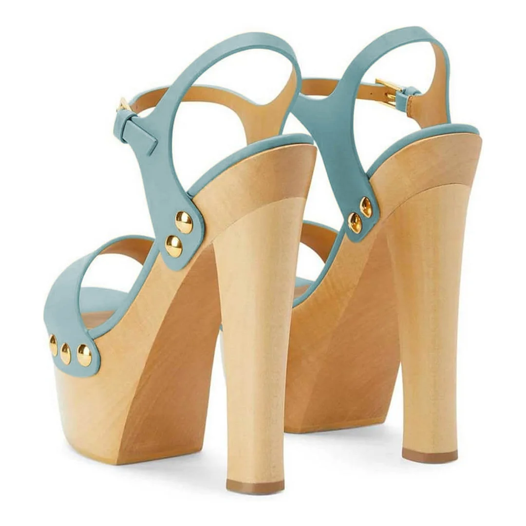 Light Blue Open Toe Platform Chunky High Heels Shoes with Studs