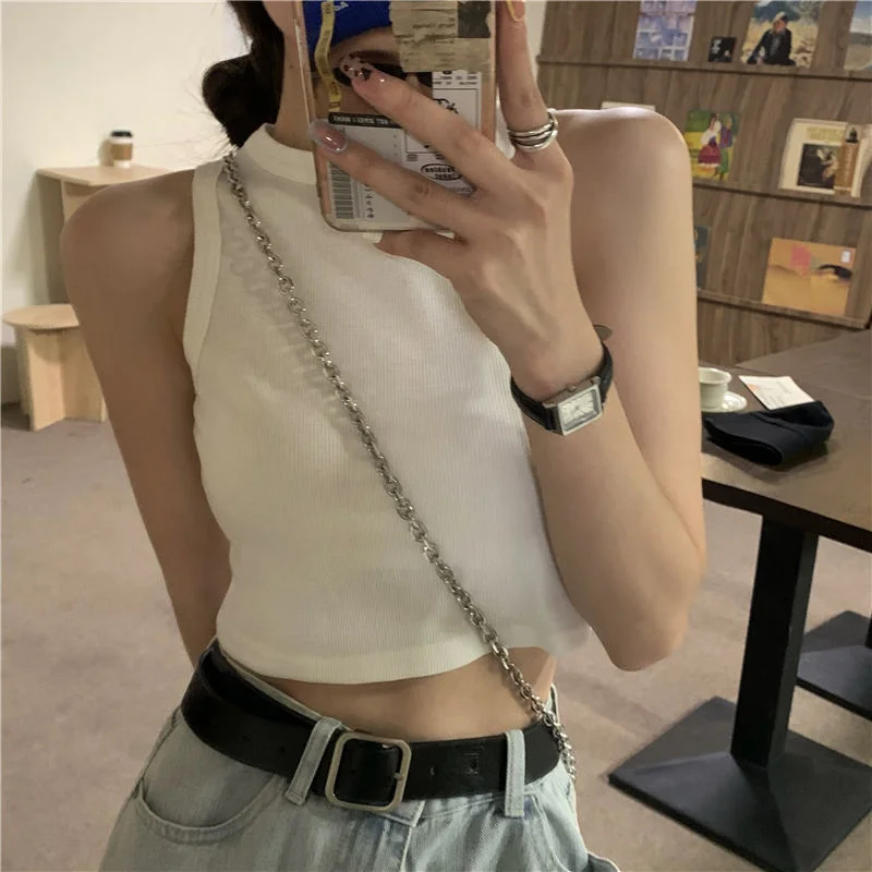 Woherb Women Tanks Solid Simple Fashion Crop Tops Skinny Slim Sexy All-match Temper Leisure Teenagers Cool Streetwear Hot Camis Lovely
