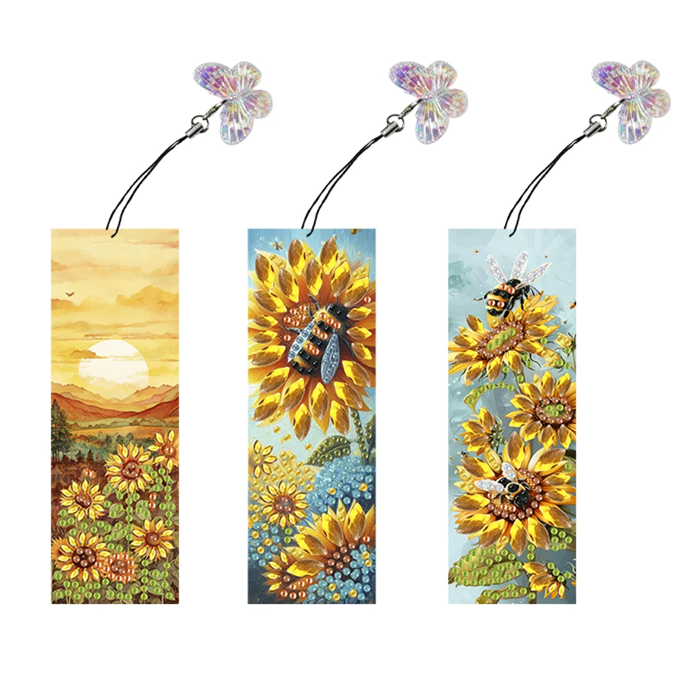 3Pcs Sunflower Bee Special Shaped Diamond Painting Bookmark Making Kit Decor