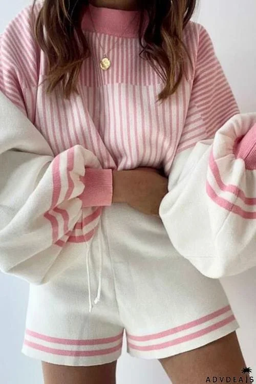 Gradient Stripe Puff Sleeve Sweater Shorts Set