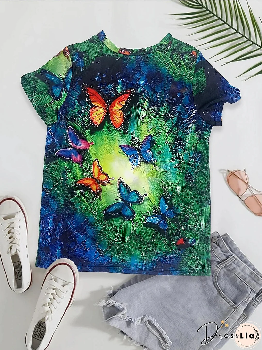 Women's T shirt Tee Graphic Butterfly Blue Print Short Sleeve Daily Weekend Basic Round Neck Regular Fit