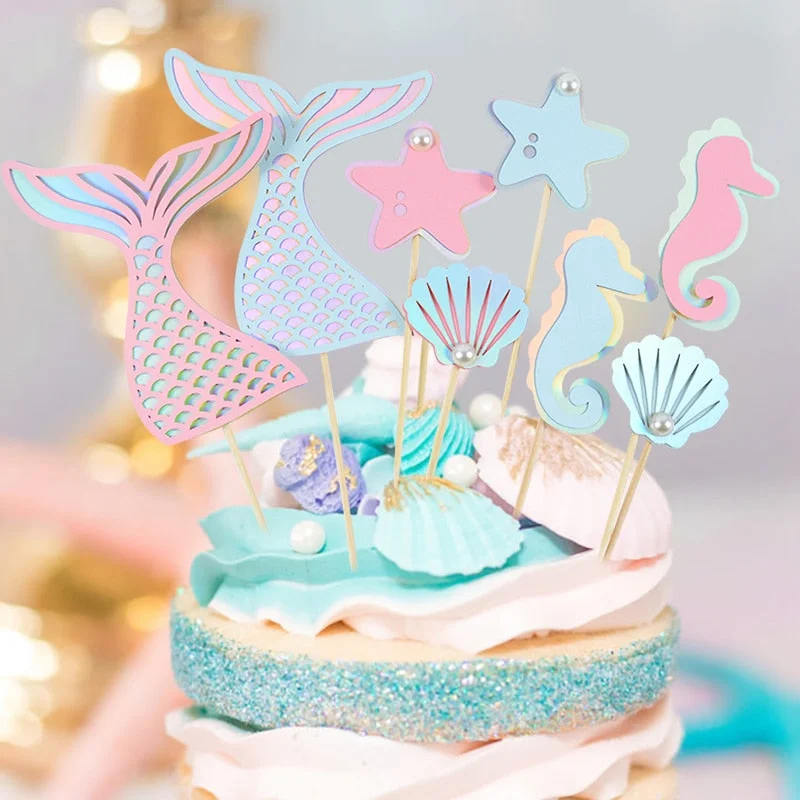 4Pcs/set Mermaid Tail Starfish Cake Toppers Flag Kids Birthday Party Decorations Cupcake Topper Wedding Baby Shower Supplies