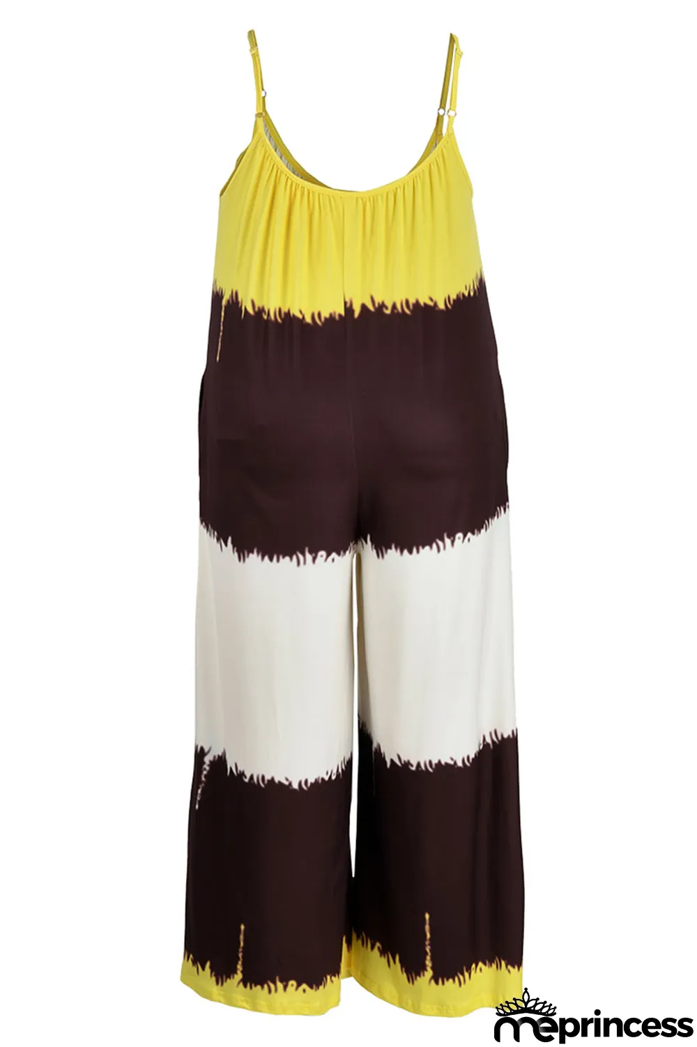 Yellow Casual Print Patchwork Spaghetti Strap Plus Size Jumpsuits