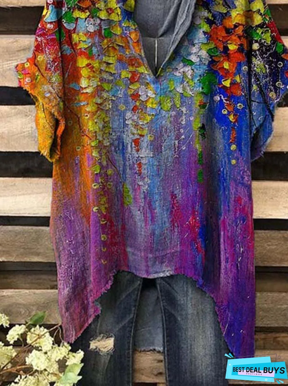 Short Sleeve Floral-Print V Neck Casual Tops