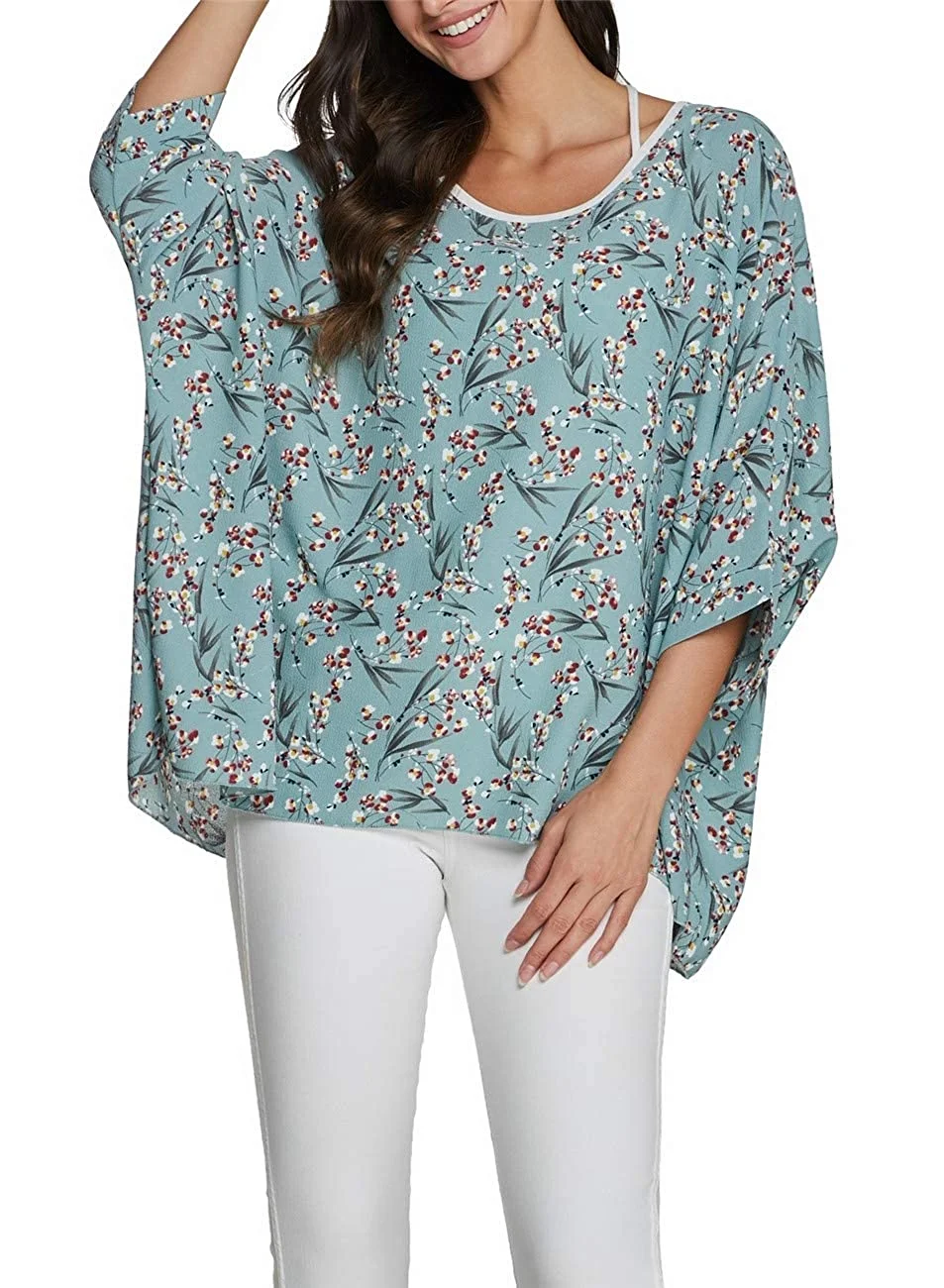 2020 New Pattern Womens Floral Print Batwing Top Chiffon Poncho Summer Casual Loose Sheer Shirt Blouse Tunics