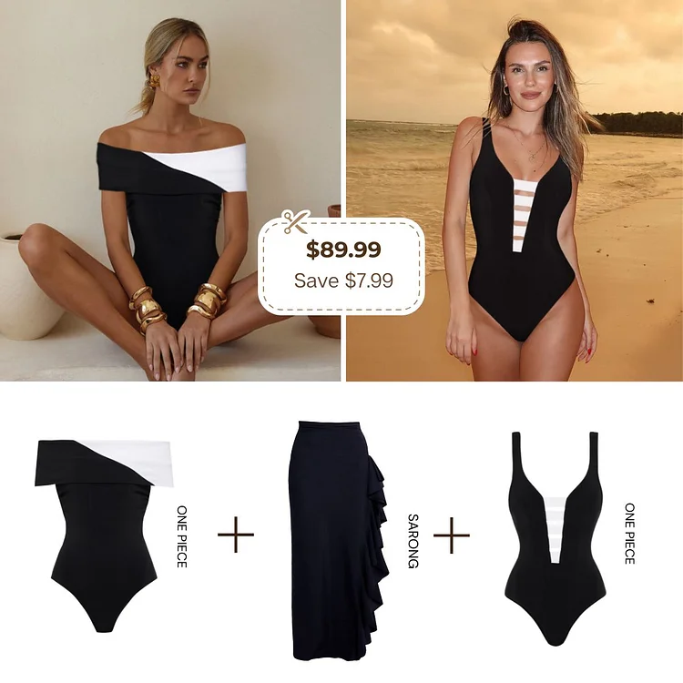 Off Shoulder Color Block One Piece Swimsuit and Skirt