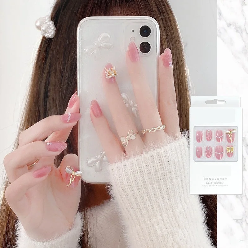 false nails with designs acrylic for nail Imitation Pearl Lace Bowknot press on nails Charming Pre Design fake nails with glue-Nail Inspo