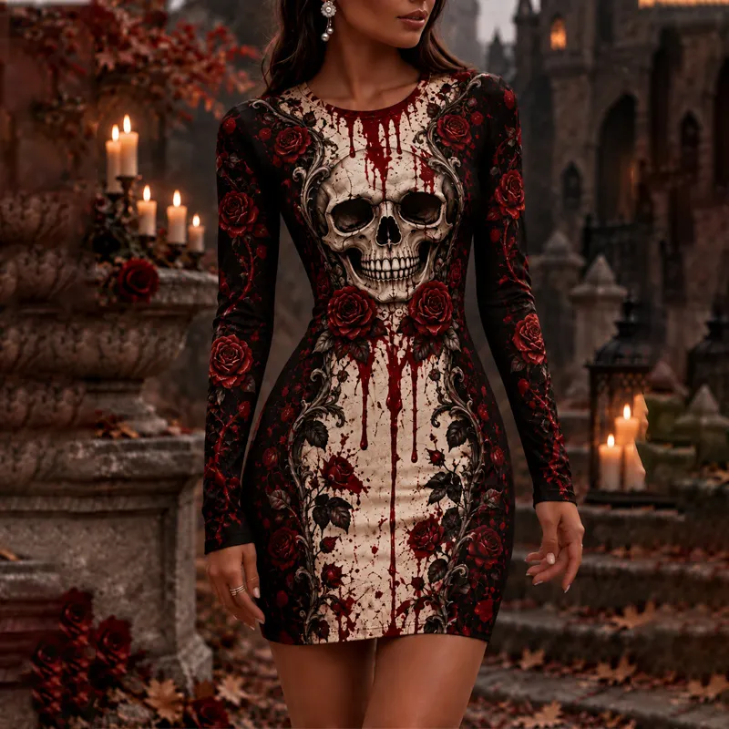 Comstylish Women's Halloween Skeleton Rose Bloodstain Print Bodycon Long-sleeve Dress