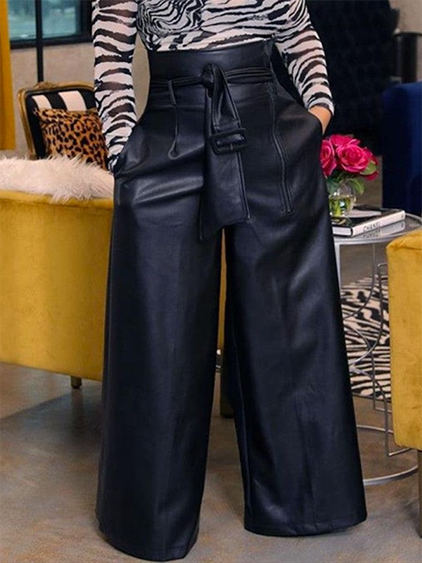 Belted Solid Color Loose Plus Size Casual Pants Bottoms