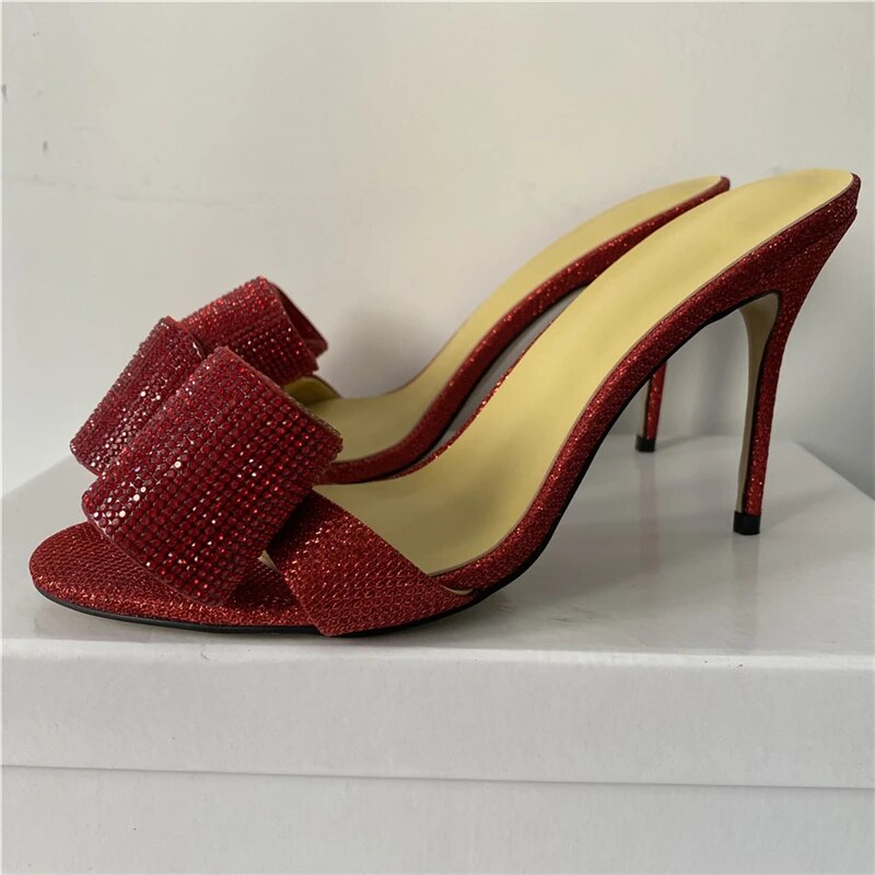 VCSHOES Bling Sequined Cloth Butterfly-knot Women Sandals 10cm Thin High Heels Open Toe Runway Shoes For Girls