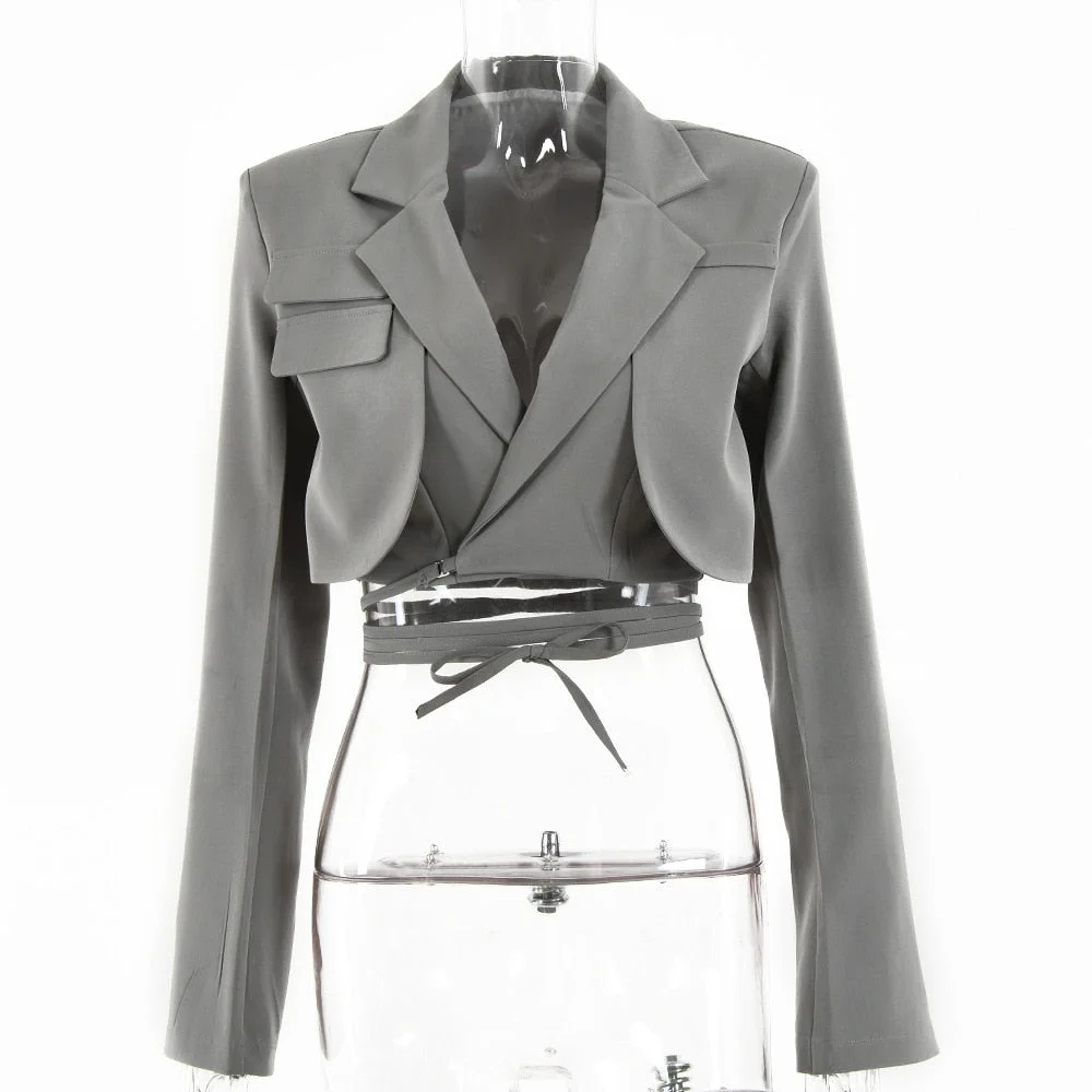 Women Fashion Bandage Blazer 2022  Double Layer Long Sleeve Pocket Short Jacket Ladies Sexy 5  Color Solid Outwear