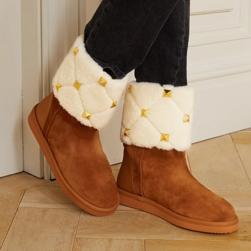 Brown Winter Boots With Rivet Decor Flat Ankle Boots Nicepairs