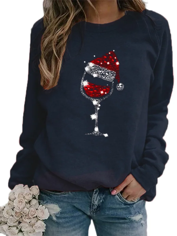 Christmas Hat and Wine Glass Pattern Crew Neck Long Sleeve Top Flusfy
