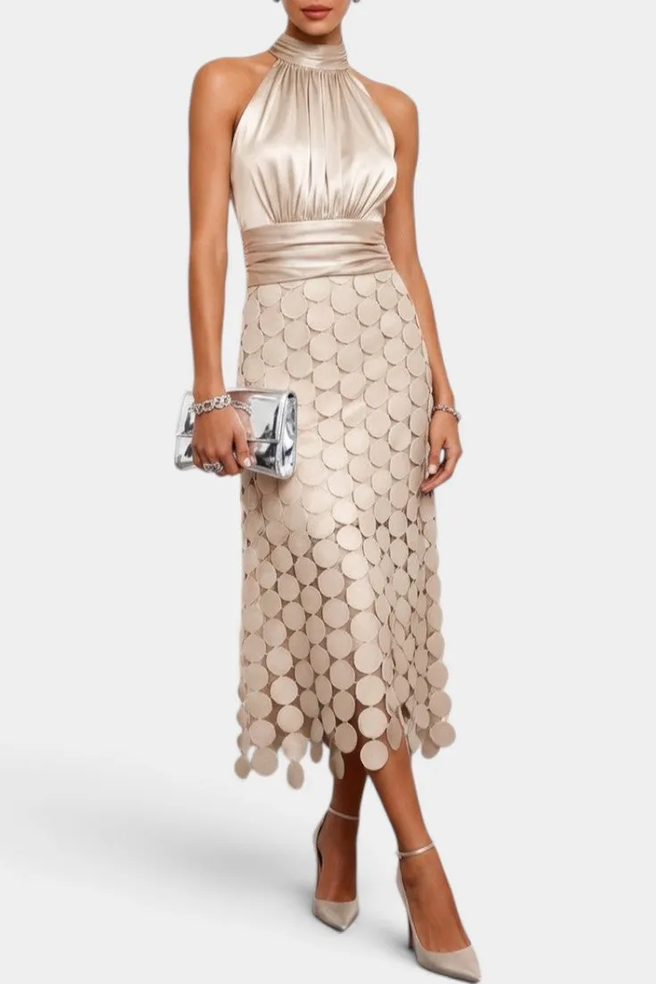 Halter Neck Midi Dress with Layered Circular Skirt