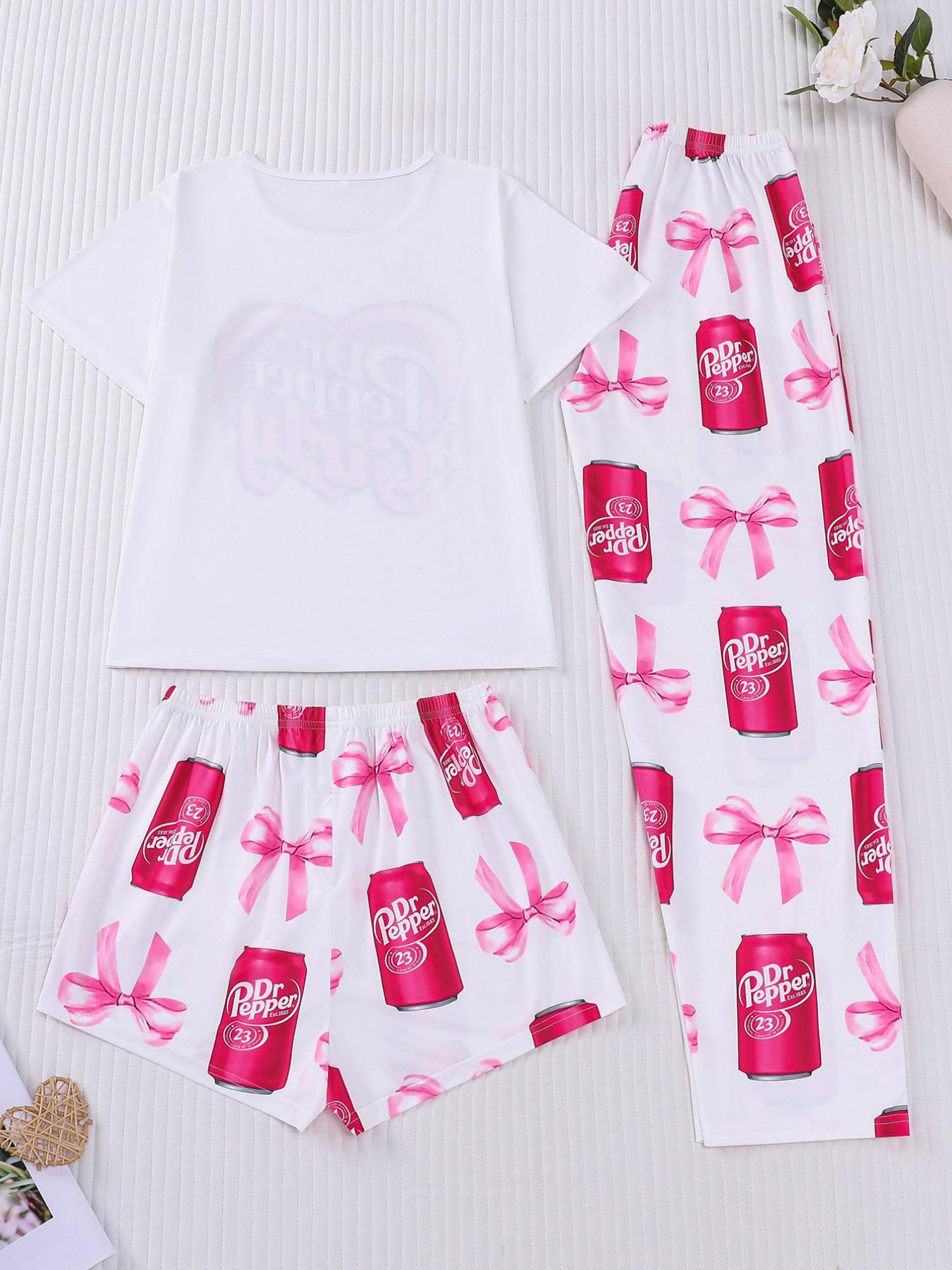 3-Piece Casual Sleepwear Set Pajamas Loungewear for Women Lady with Bow Print, Soft Fabric Button-Up Shirt and Loose Elastic Shorts and Pants, Stylish Comfortable Daily Wear Pjs