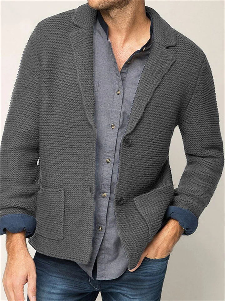 Men's Lapel Solid Color Knitted Cardigan Sweater-Cosfine