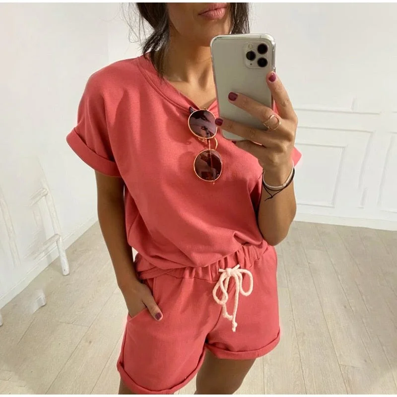 Solid Summer Women's Suit Two Pieces Tracksuit Short Sleeve Sports Suits Women 2021 Casual Tracksuits Elastic Waist Lady Set