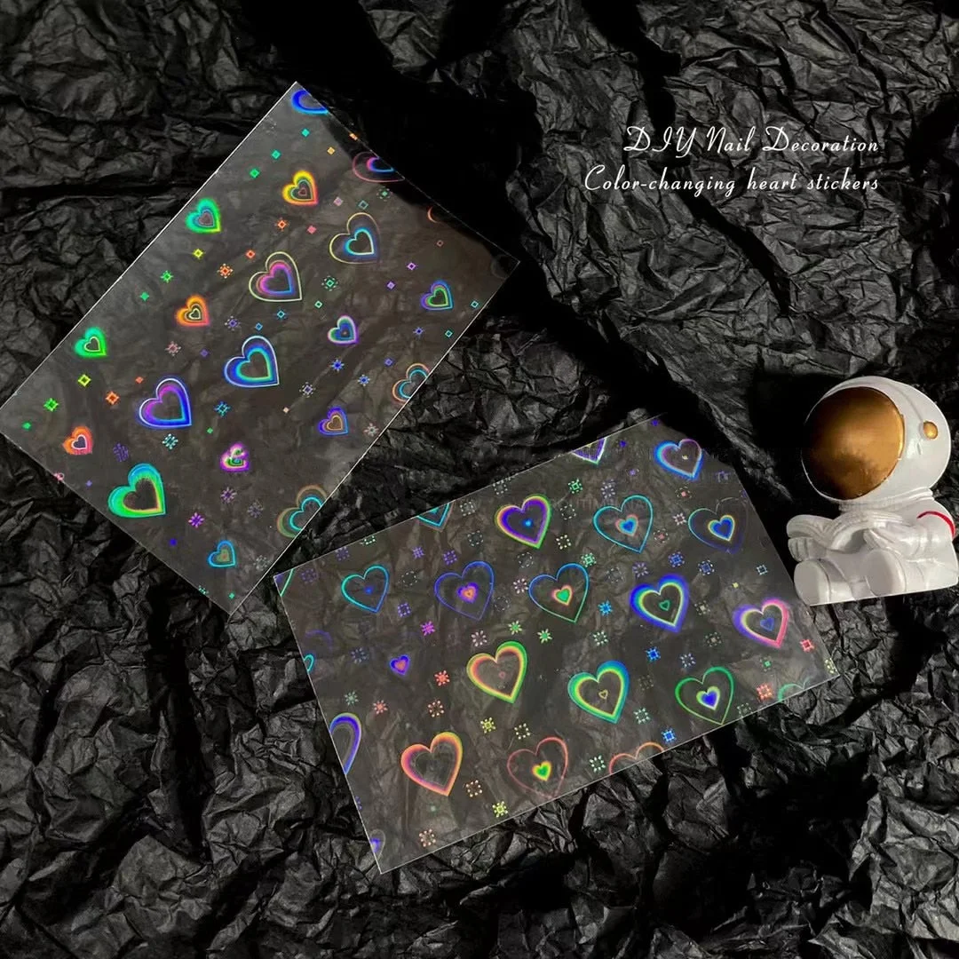 Laser Heart Aurora Cute Hearts Nail Stickers Hologram 3D Engraved Nail Stickers Nail Art Decorations Nail Decals Design