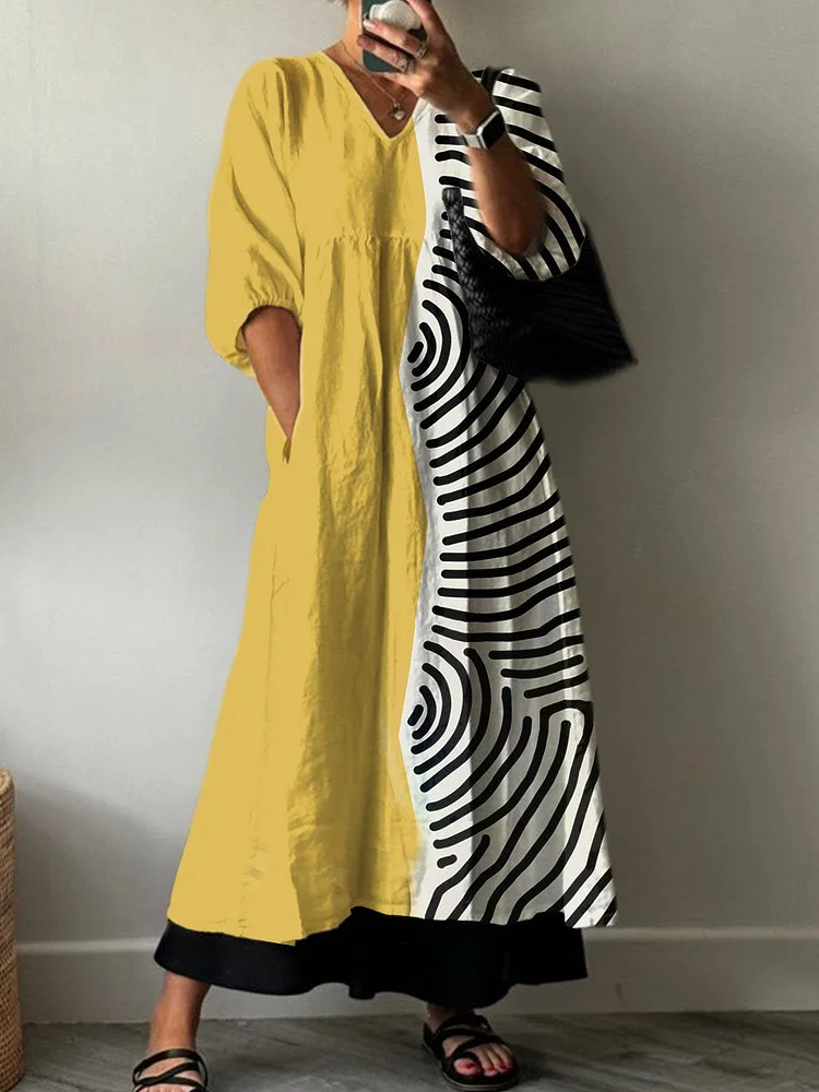 Women's  Minimalist Retro Print Pocket V-neck Cotton Dress