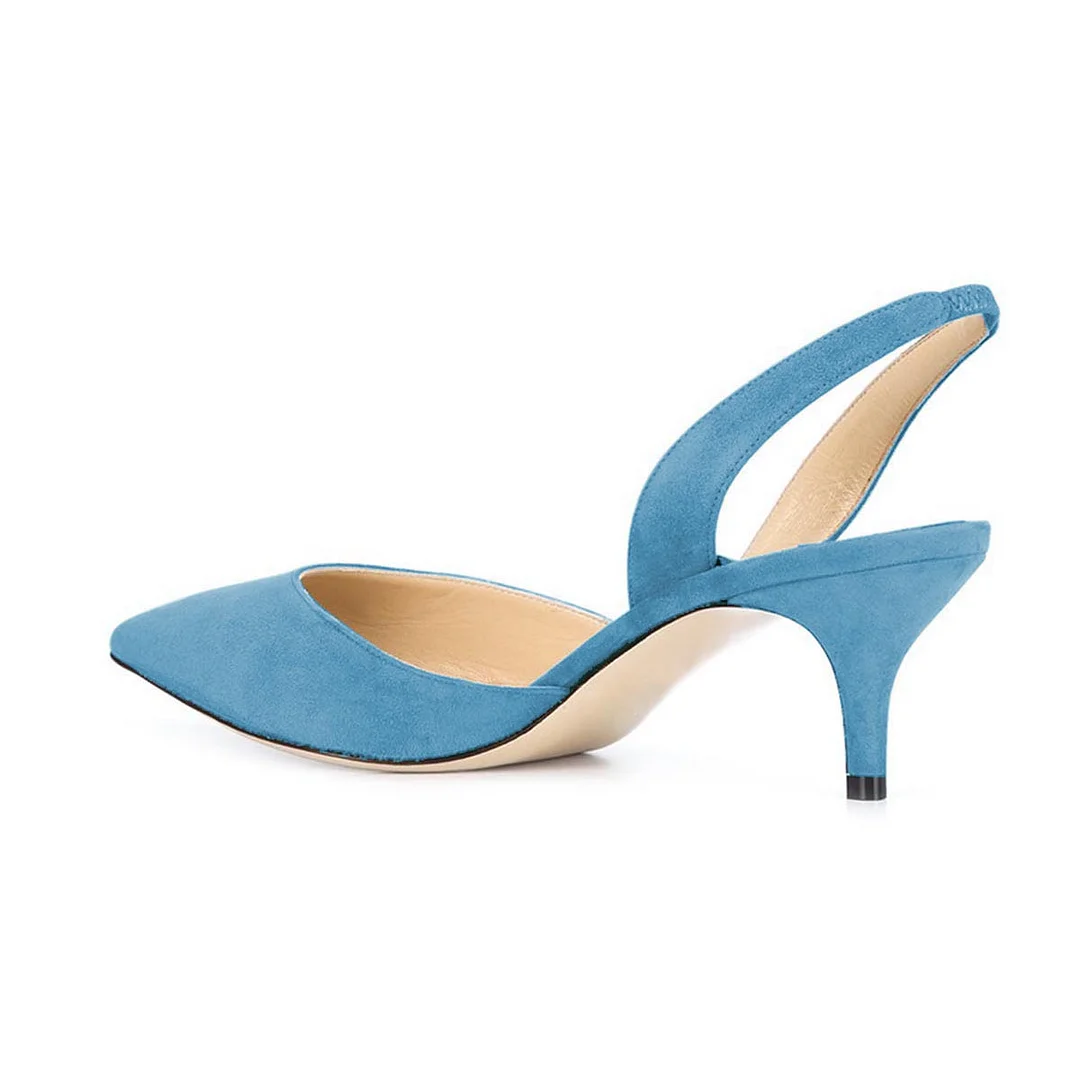 Blue Faux Suede Pointed Toe Slingback Classy Kitten Heel Pumps
