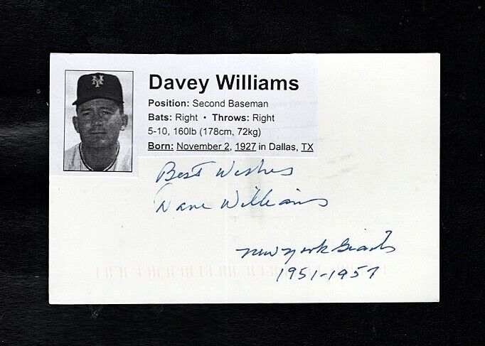 1951-57 DAVEY WILLIAMS-NY GIANTS AUTOGRAPHED POSTCARD W/Photo Poster painting-(d.2009)