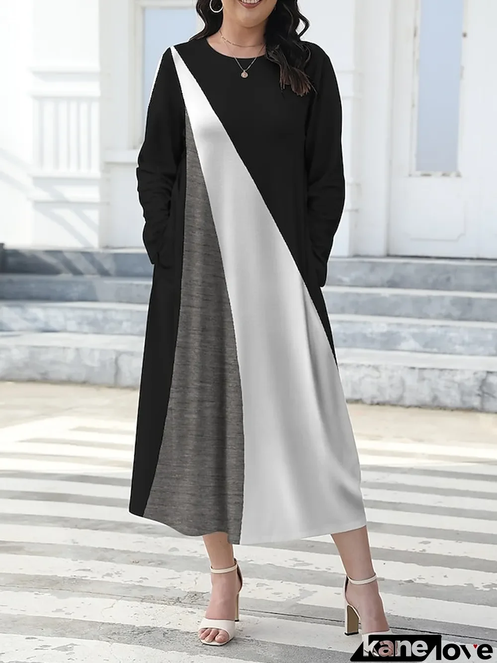 Women's Plus Size Curve Casual Dress Winter Dress Geometric Color Block Midi Dress Long Sleeve Print Pocket Crew Neck Fashion Outdoor Black Wine Fall Winter L XL 2XL 3XL 4XL