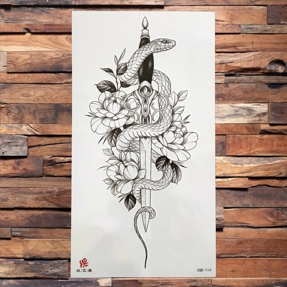Black Dragon King Temporary Tattoo For Men Women Tree Snake Flower Tattoos Waterproof Unique Sword Flash Fake Tatoos Armbands