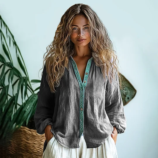 Simpfit Langärmliges Hemd mit Leinen-Print im Bohemian-Stil
