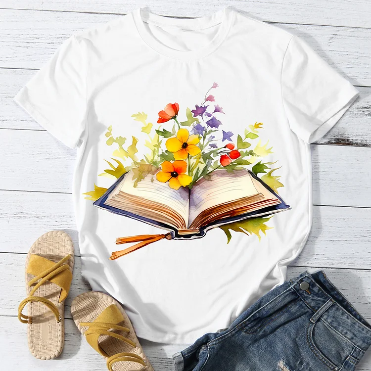 Book and Flower Women's Round Neck T-Shirt -BSTC1612