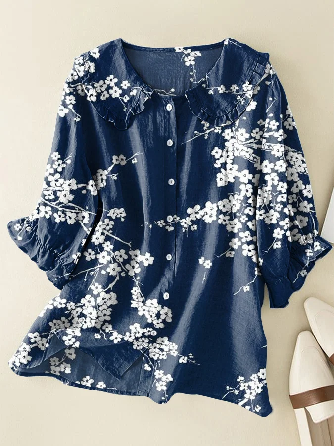 Vintage Floral Cotton and Linen Peter Pan Ruffle Collar Shirt