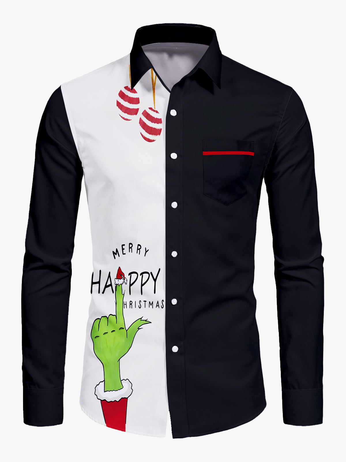 Men's Christmas Spoof Green Hair Monster Pattern Long Sleeve Shirt PLUSCLOTHESMAN