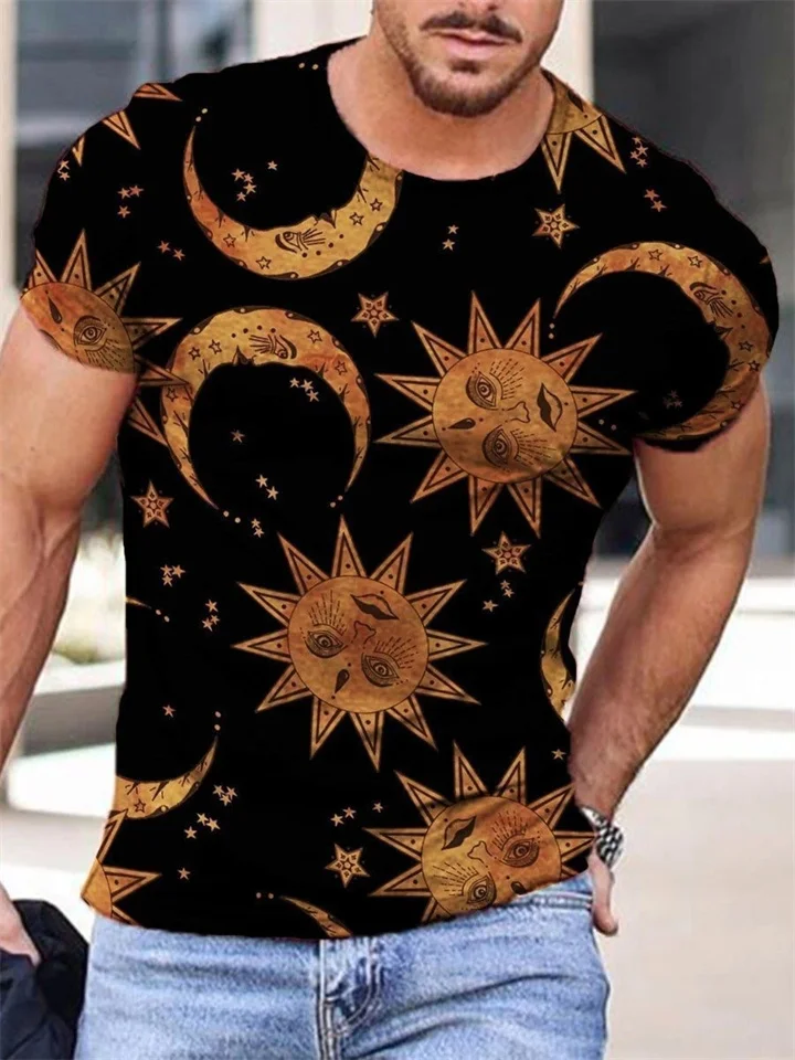3D Digital Printing Sun Pattern Printed Top Summer Loose Fashion Short Sleeve Black-Cosfine