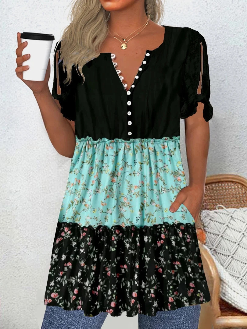 Women's Short Sleeve V-neck Graphic Lace-up Pockets Buttons Tops