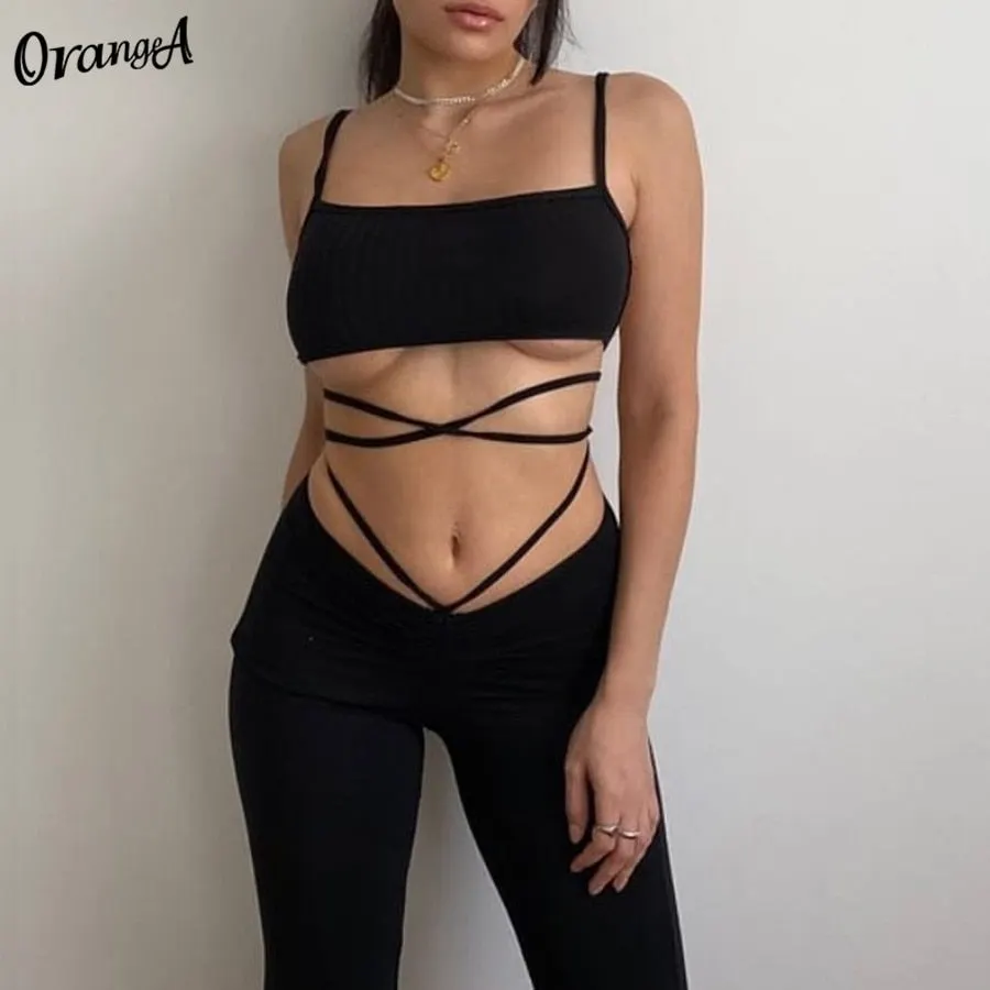 OrangeA 2021 Y2K Bandage Women Straight Pants Solid Elastic High Waist Slim Long Trousers 2021 Fashion Autumn Streetwear Outfits