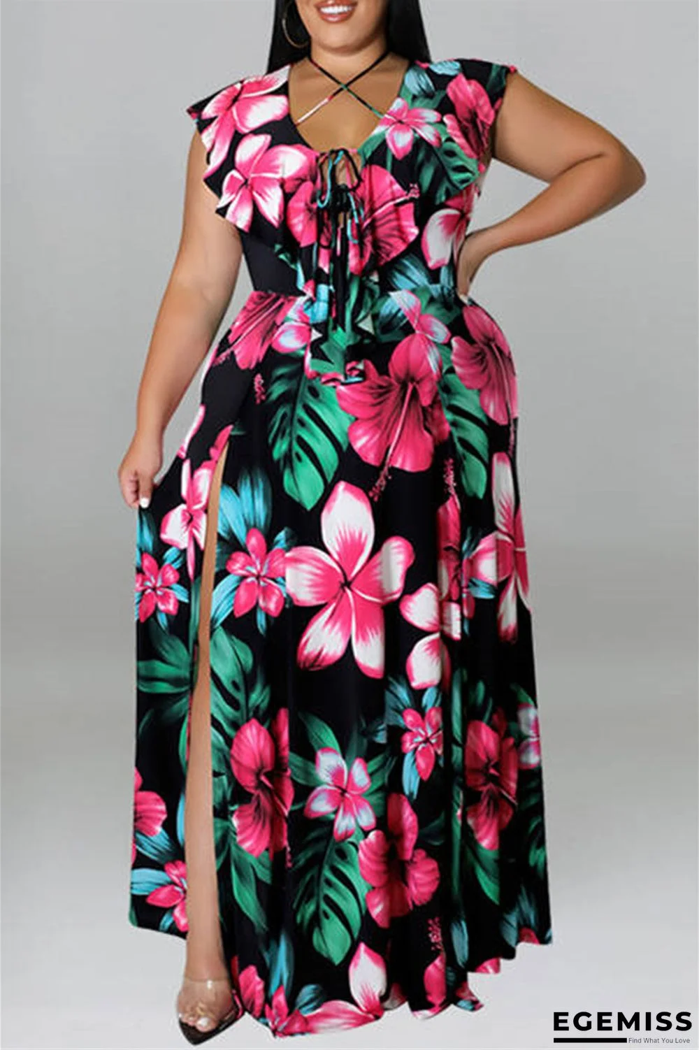 Red Fashion Sexy Plus Size Print Bandage Slit V Neck Long Dress | EGEMISS