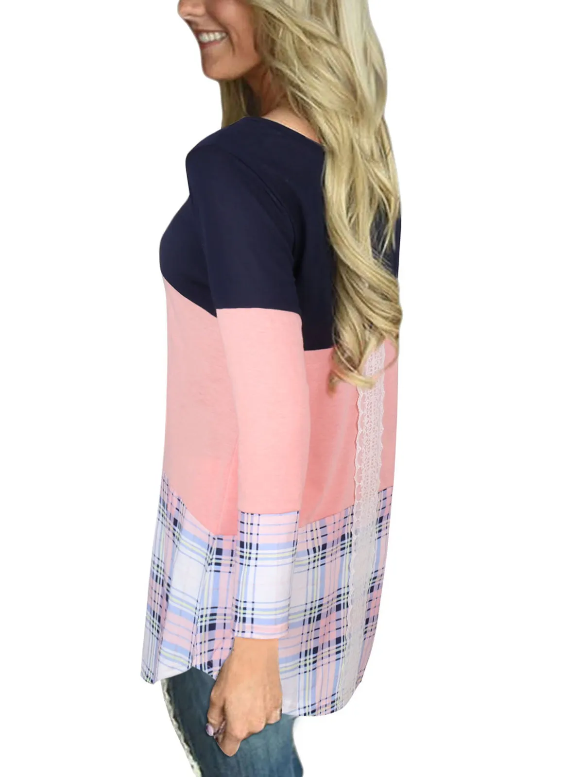 Women's Scoop Neck Long Sleeve Plaid Tops