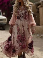 Women's Classic Romantic Pink Rose Embroidery Art Comfy Linen V Neck Maxi Dress