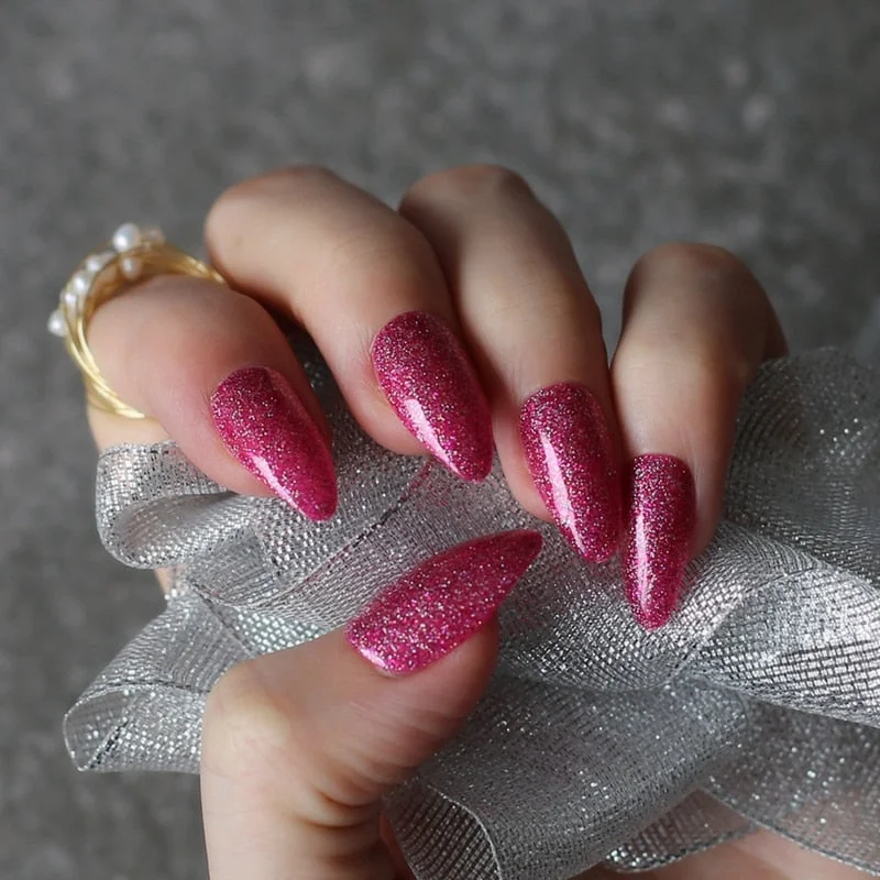 gel polish UV coffee Almond Holographic glitter art nails tabs Stiletto False nail Brown red fake Nails Gold silver 24pcs-Nail Inspo