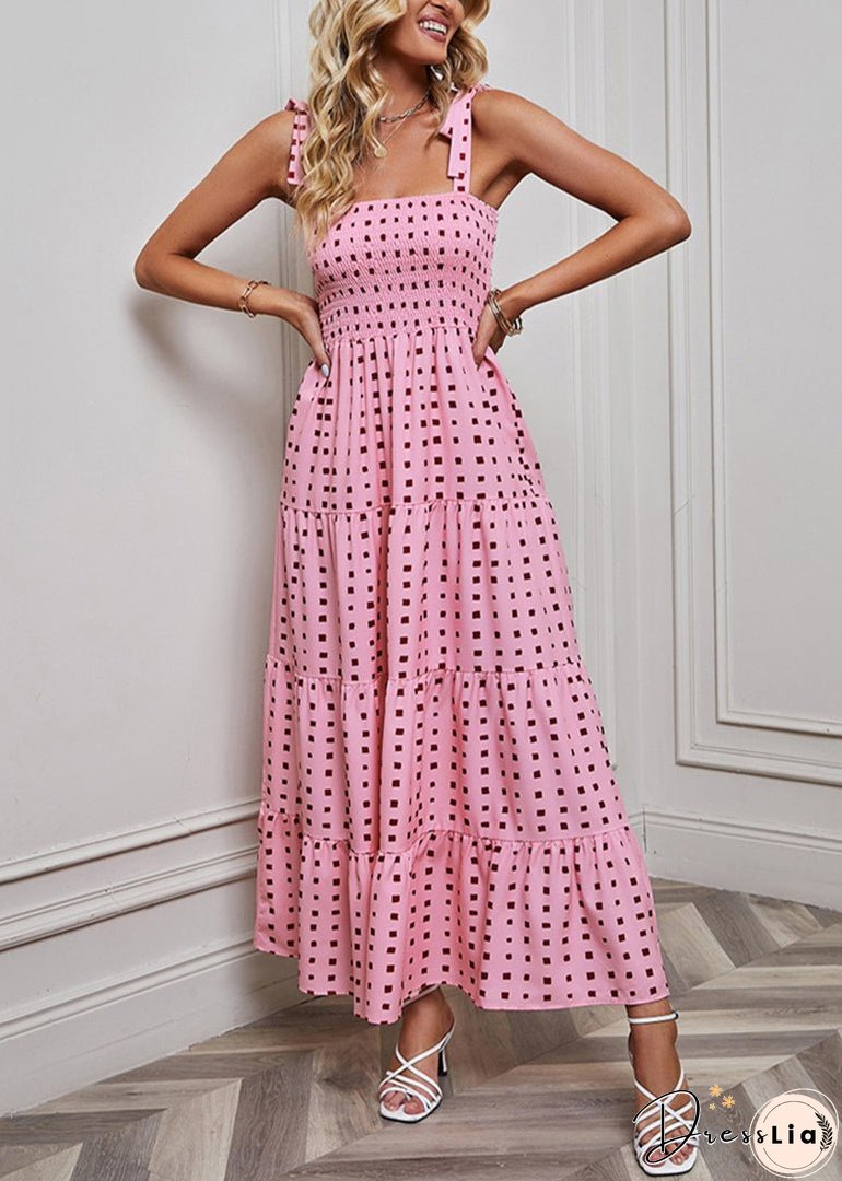 Pink Print Cotton Spaghetti Strap Dress Elastic Waist Summer